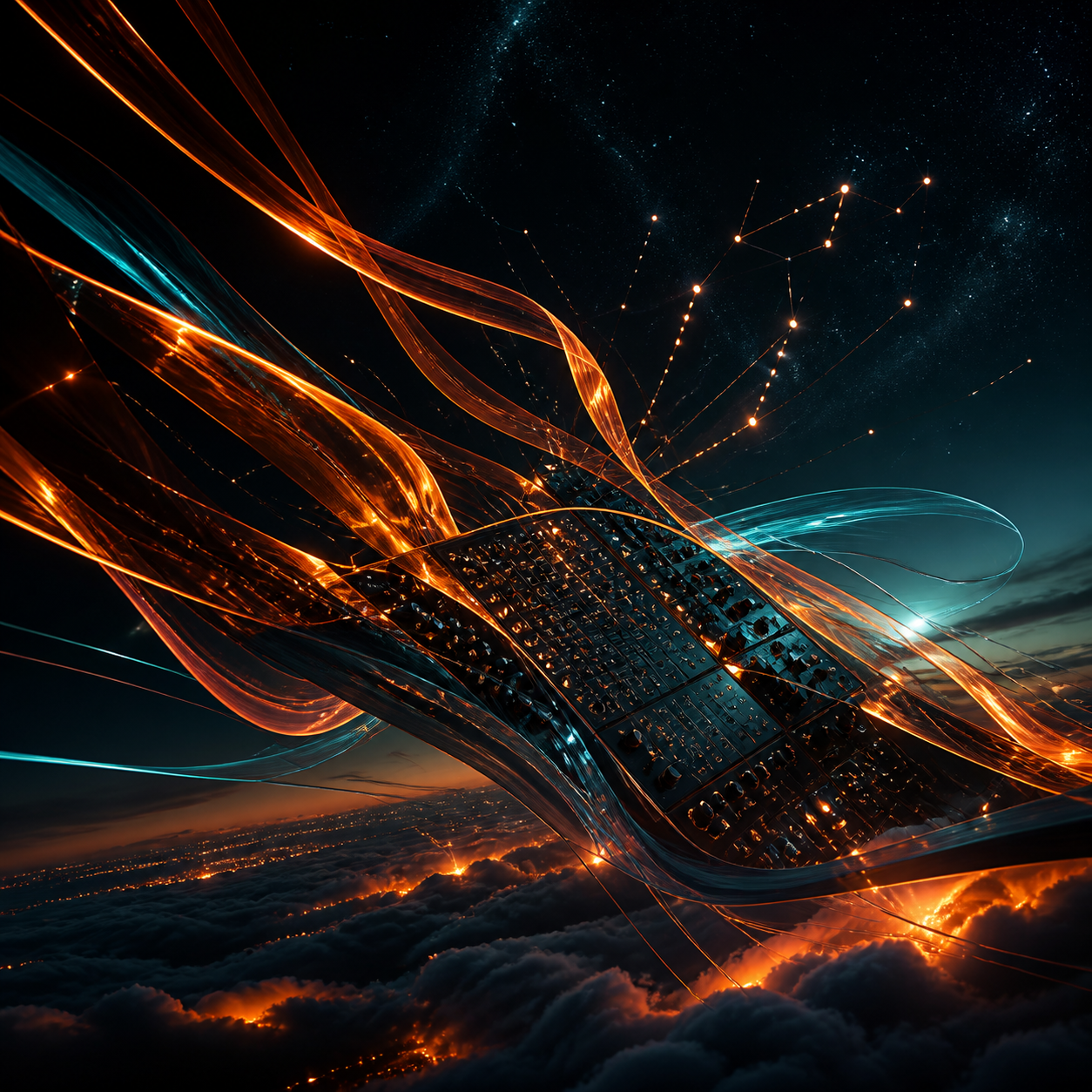 Abstract 1AD7 artist visual with aerial signal ribbons and synth hardware above a night horizon