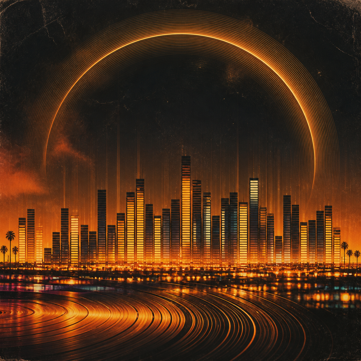 Abstract Analog Skyline artist visual with an equalizer city and vinyl horizon