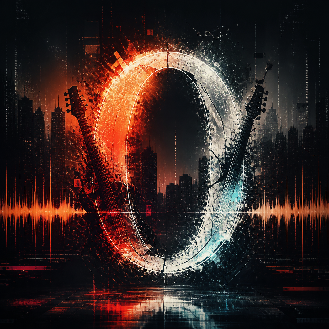 Abstract Digital Zero artist visual with city, guitars, and a glowing circular signal