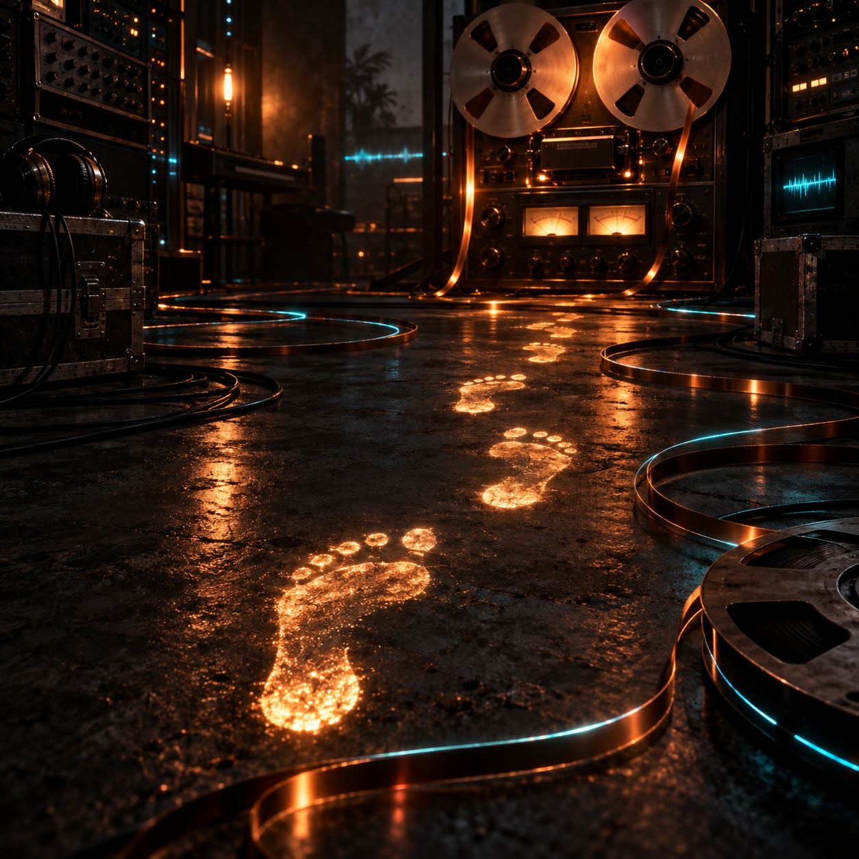 Abstract Footprint artist visual with glowing footprints, tape reels, and cyan signal traces