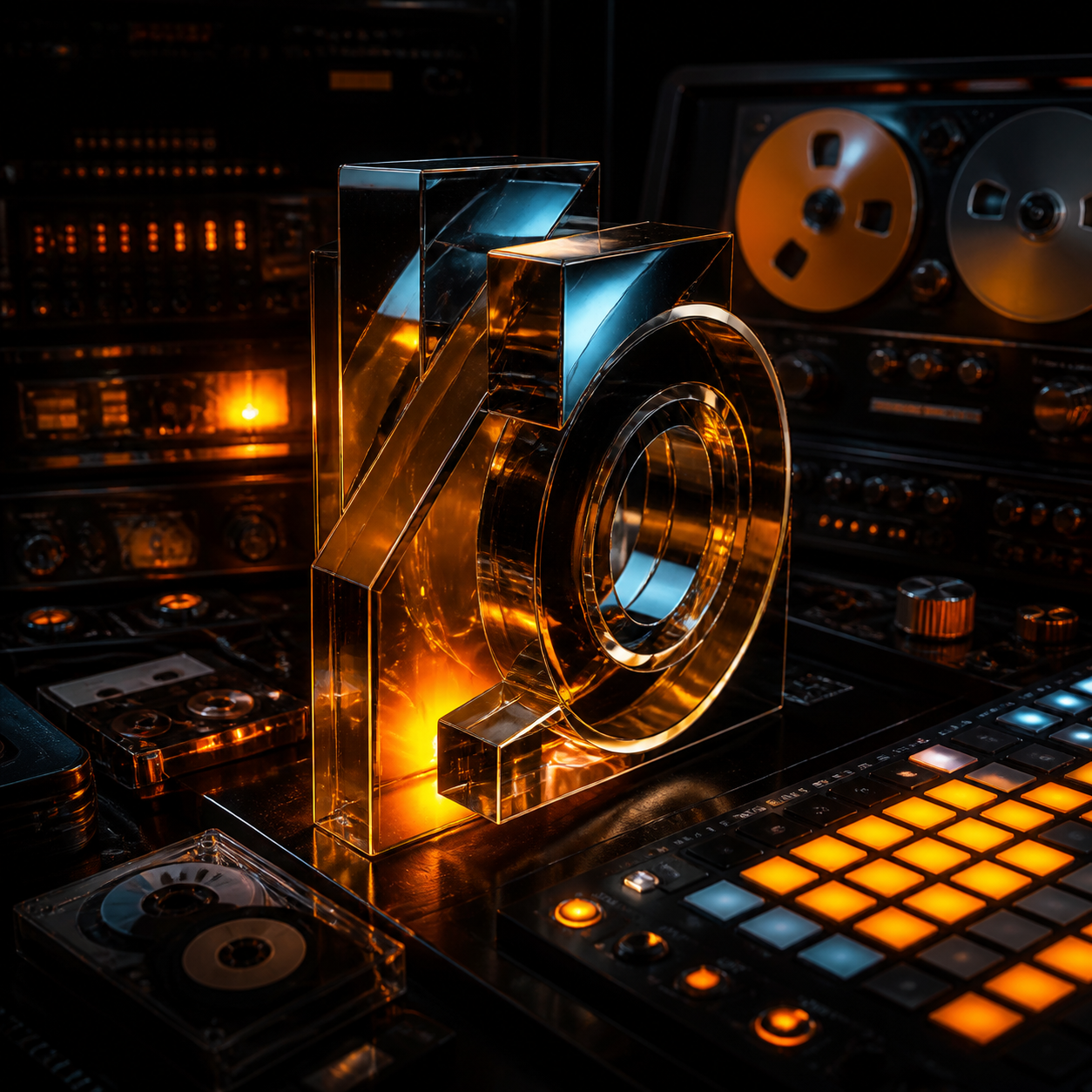 Abstract GOS10 artist visual with glowing studio hardware and glass signal forms