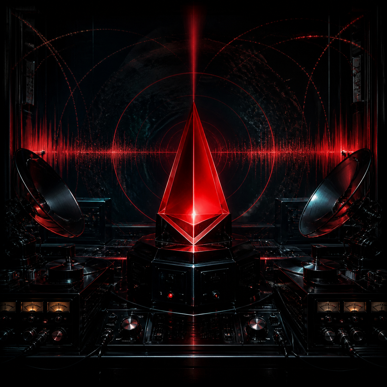 Abstract Nero Intercept artist visual with red scanning beams and dark signal hardware