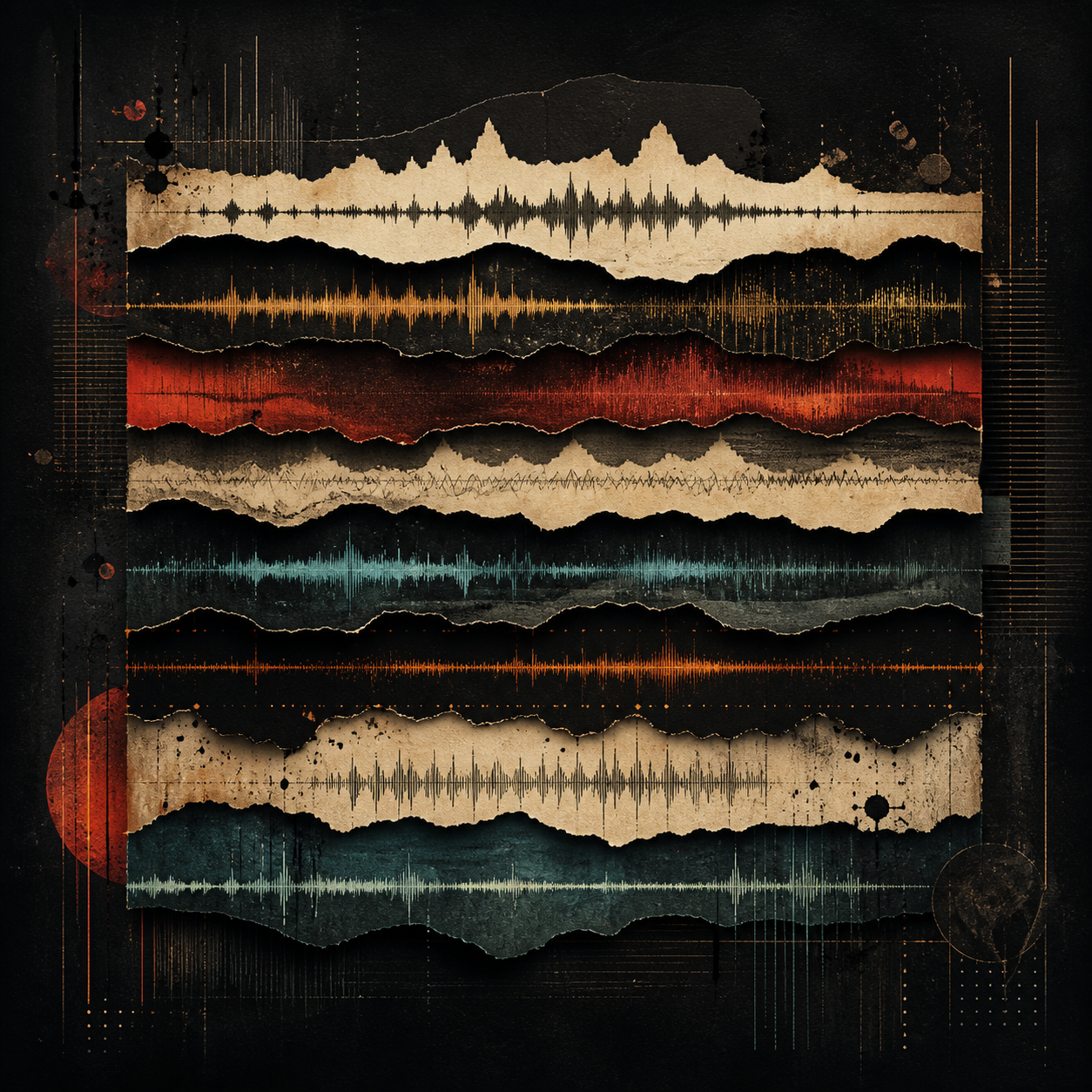 Abstract Paragraph 8 artist visual with layered torn waveform strips