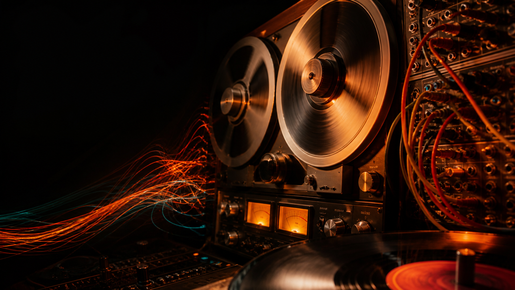 Analog tape reels, vinyl, and modular synth gear lit in amber and cyan